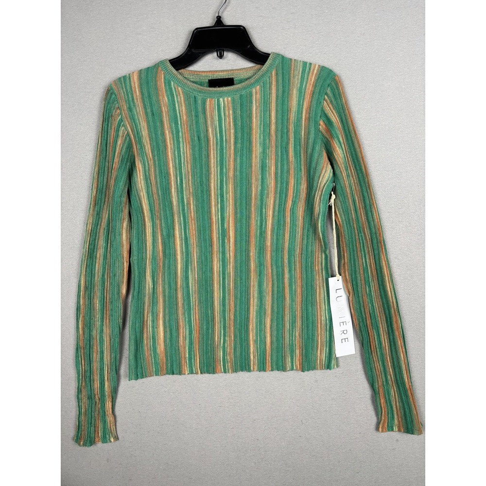 Lumière Sweater Womens Medium Green Striped Rib Knit Crew Neck Pullover NK11425